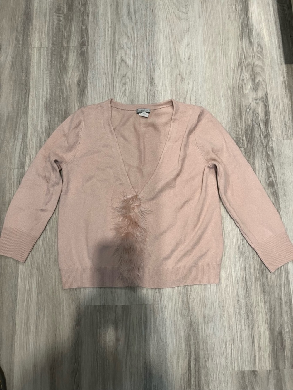 J. Crew Cashmere Blush Pink V-Neck Feather Trim Sweater Cardigan. Size Medium.